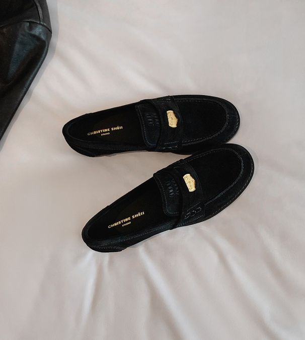 Scarpe Su Yinyin~ Mocassini con tacco spesso in pelle scamosciata di cavallo con monete del marchio Ah Miu, scarpe da donna in pelle piccola_voghion.com