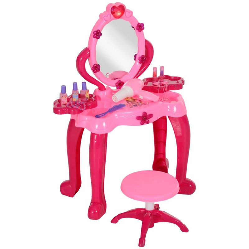Qaba Kids Vanity Set With Mirror And Stool, Girls Makeup Table With Light And Sound, 15 Accessories, Pretend Play Set With Hair Dryer For 3-6 Years,_voghion.com