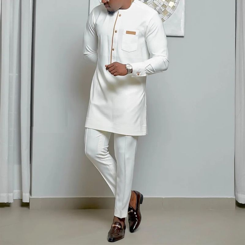 Caftan élégant ensemble africain 2 pièces tenues à manches longues hauts et pantalons ethniques costume complet pour hommes vêtements de mariage pour hommes_voghion.com