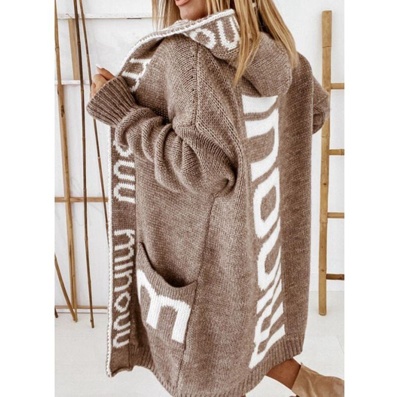 Unisex-Strickjacke mit Kapuze und Buchstabenmuster | Winter-Langarm-Oversize-Pullover (V-Ausschnitt, Used-Look) – Weiches Polyester, maschinenwaschbar, S-XXL_voghion.com