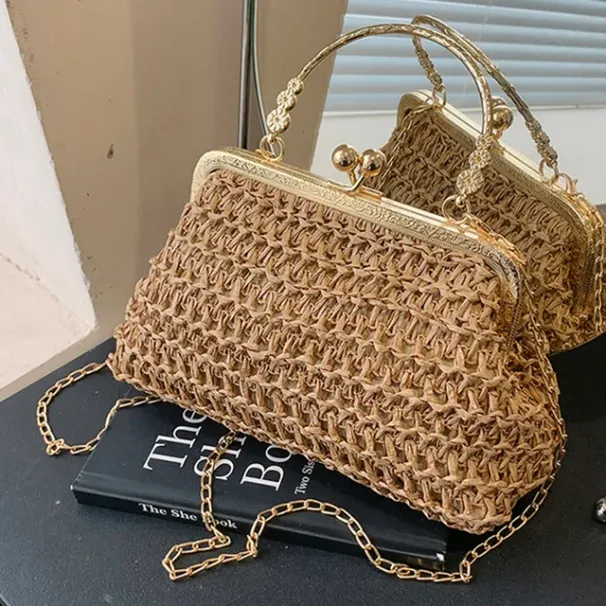 Woven Tote Summer Chain Female Clutch Simple Texture Dinner Party Handmade Casual Elegant Fashion Portable Evening Bag_voghion.com