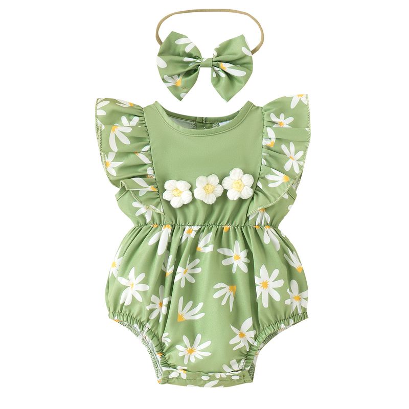 Spring/Summer New Girls' Infant and Toddler Printed Flying Sleeves, Triangle Wrap, Pi Openable Heatshirt+Headband Two_voghion.com