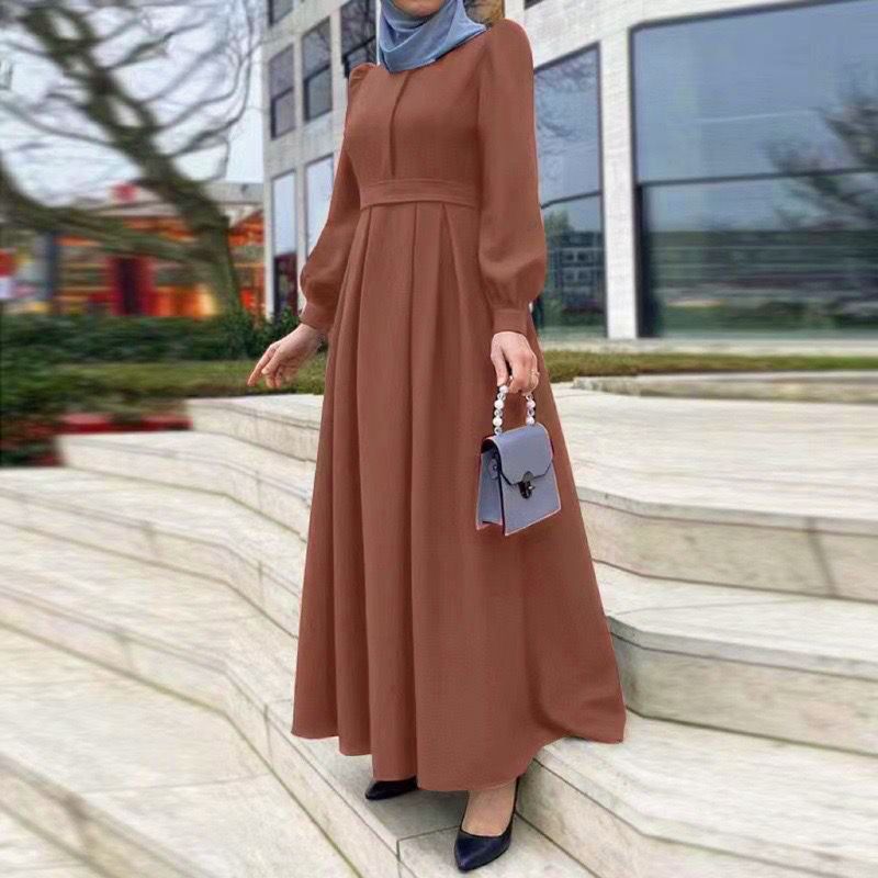Women's Clothing Middle East Leisure Loose Solid Color Belt Zipper Muslim Long Dress Long Skirt_voghion.com