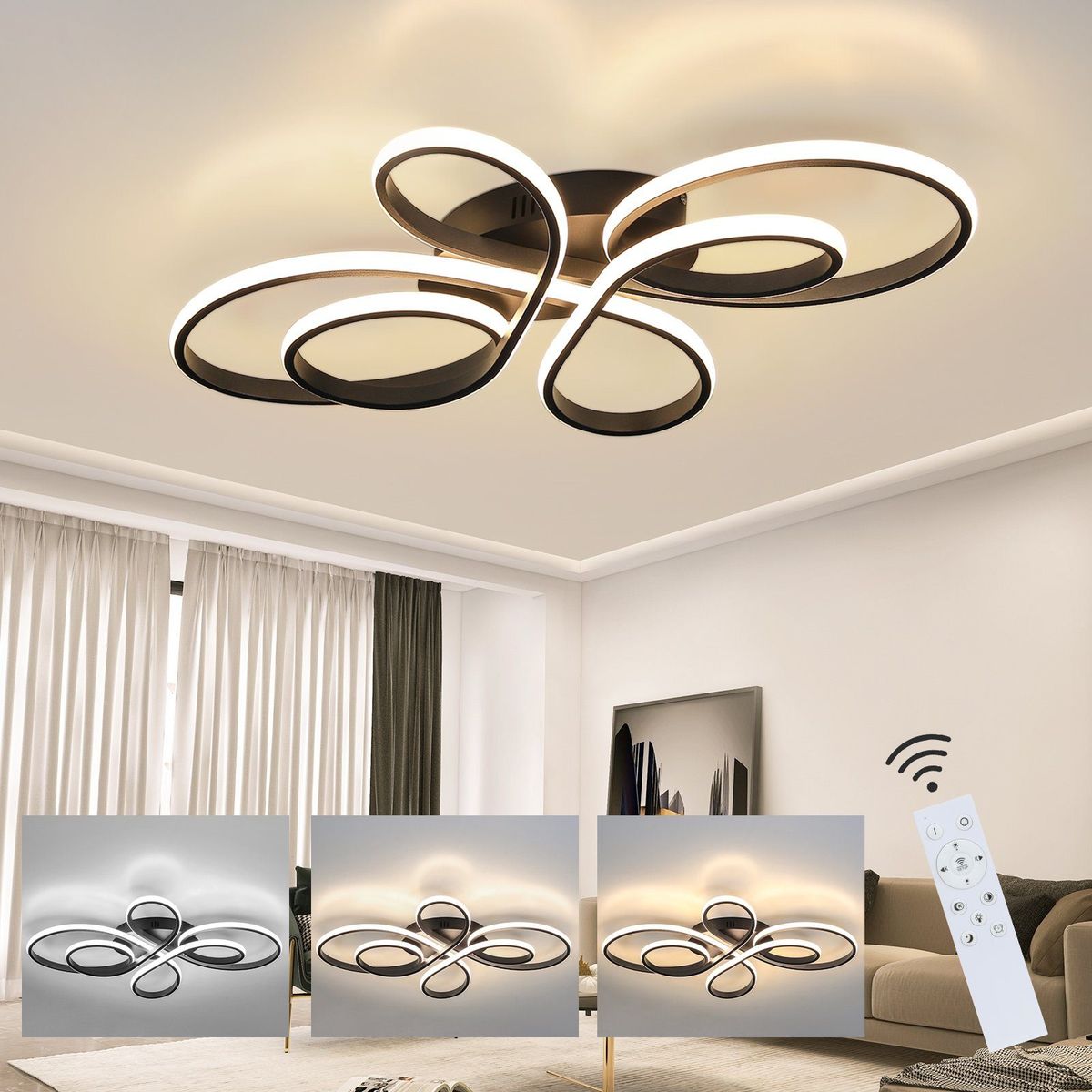 Glitzerlife Deckenlampe LED Deckenleuchte Schwarz - Groß 100cm Dimmbar Wohnzimmerlampe 90W Moderne Schlafzimmerlampe Mit Fernbedienung Für Esszimmer Büro Küche_voghion.com