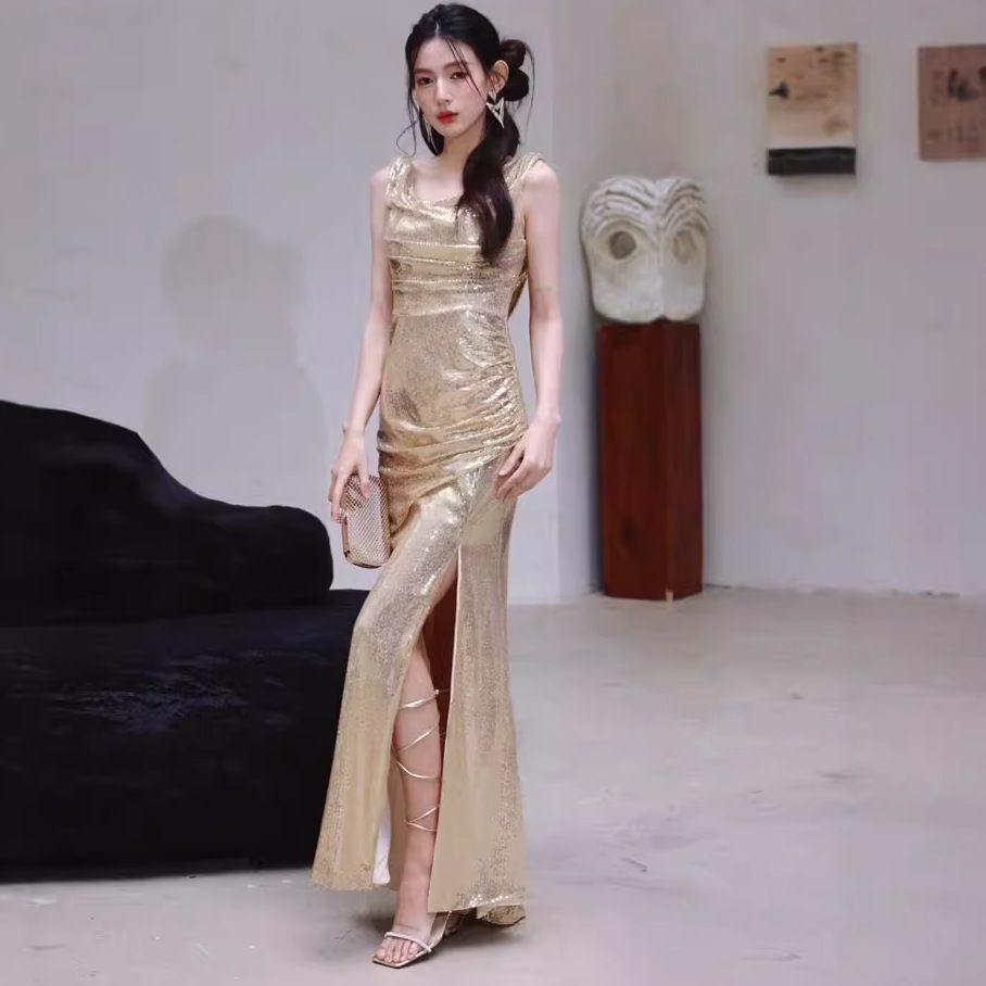 Dameklær Gull Aftenkjole Nisje Swingkrage Ryggløs Kjole Paljett Fest Lang Slank Splitt Catwalk Kjole Skjørt_voghion.com