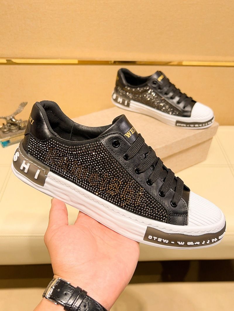 Water Lace Up For Men In Spring Summer 2025, White Genuine Leather Anti-Collision And Diamond Inlaid Casual Board Shoes_voghion.com