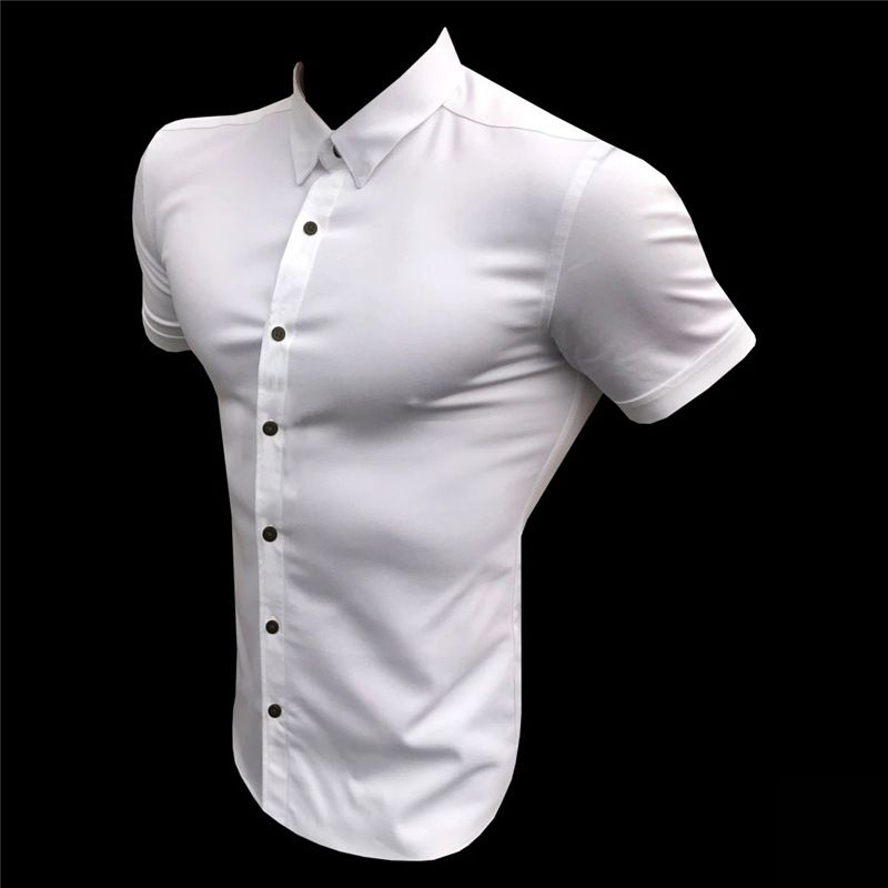 Men's fitness short-sleeved lapel shirt elastic thin solid color sports leisure cardigan_voghion.com