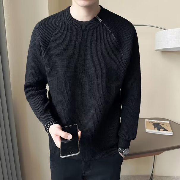 Mode-Strickpullover für Herren mit Rundhalsausschnitt, schrägem Reißverschluss und lässigem Schnitt – Stilvoller Pullover mit lockerer Passform für die Herbst-Winter-Garderobe (Weiß, Grau, Schwarz)_voghion.com