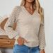Eleganter, einfarbiger Strickpullover für Damen mit Häkeldetails, lange Ärmel, lockerer Schnitt, V-Ausschnitt, lange Ärmel_voghion.com