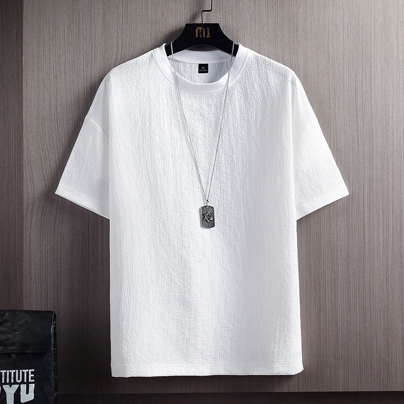 Herrenbekleidung Kurzarm-T-Shirt Sommer Neues Halbarm-T-Shirt Einfarbiges, lockeres Unterhemd Weiß Fünf-Punkt-Ärmel Weiß_voghion.com