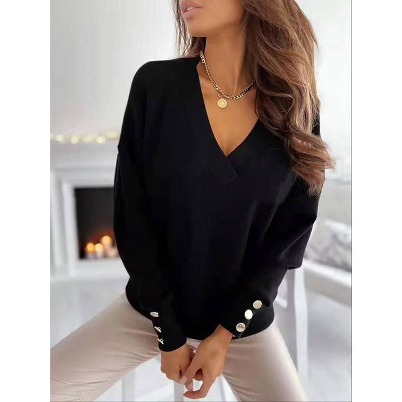 2023 frühjahr Neue Langarm Gestrickte Pullover Frauen V-ausschnitt Jumper Pullover für Frauen Taste Lose Büro Dame Casual_voghion.com