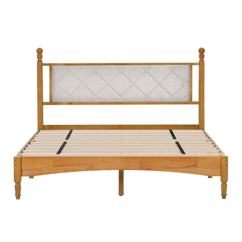 Queen Wood Bed Frame With Fabric Upholstered Headboard, Solid Rubber Wood Foundation With Wood Central Supports, 1000 Lb Capacity, Easy Assembly, No Box Spring Needed, Rustic Oak_voghion.com