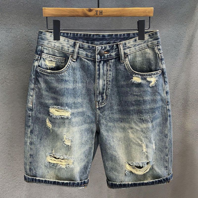Pantaloncini in denim strappati e lavati retrò da uomo, pantaloncini estivi sottili e dritti da uomo_voghion.com