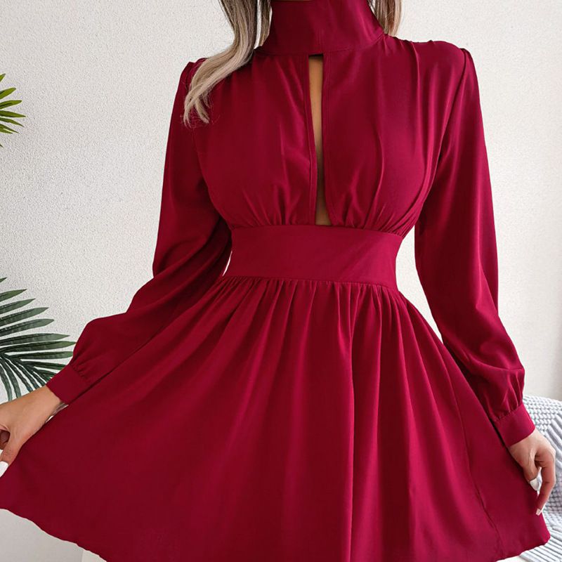 Damenbekleidung A-Linienrock Temperament Pendler Einfarbig Hoher Halsausschnitt Taille Langarmkleid_voghion.com