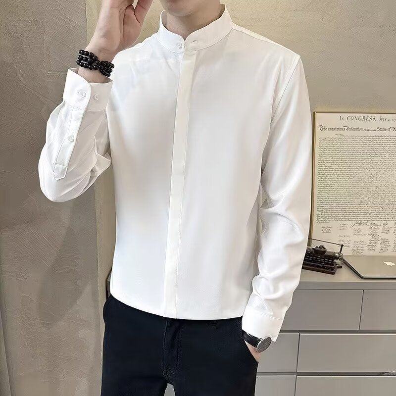 Stand Up Collar Shirt For Men, Long Sleeved Casual, Cool And Slim Fit Shirt For Men, No Ironing, Sunny_voghion.com