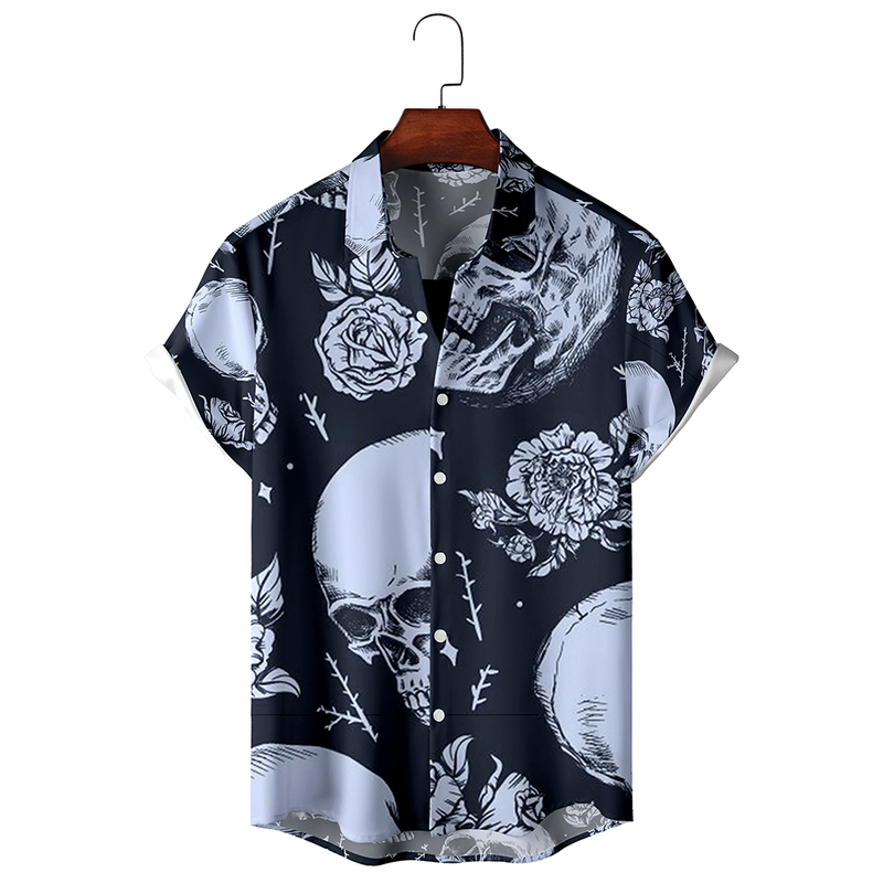 Herren Freizeithemd Floral Skull Print Design Muster Mode Kurzarmhemd Button Up_voghion.com