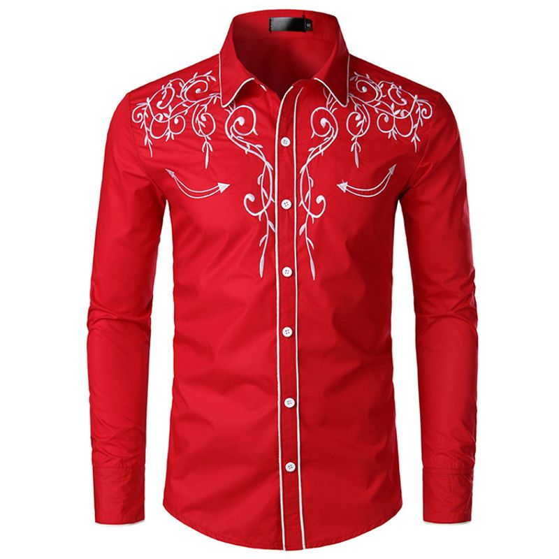 Herrenbekleidung Besticktes Hemd Hemd Western Cowboy Freizeithemd_voghion.com