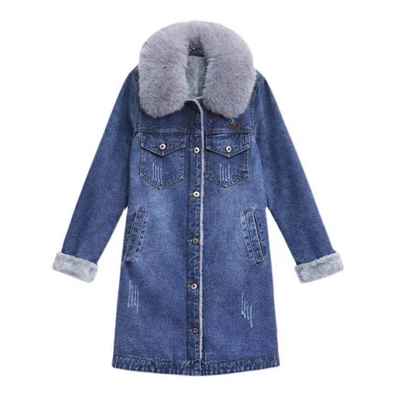 Jachetă din denim de iarnă pentru femei, guler mare cu blană, cu buzunare cu clapetă, cardigan, cald, gros, ocazional, jachete pentru femei_voghion.com