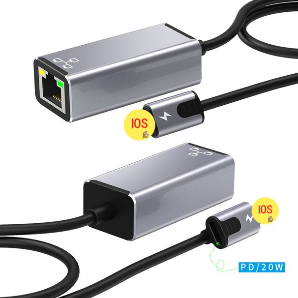 Ethernet-Adapter 8-polig auf RJ45 PD20W, Ladefunktion für externe 100-Mbit/s-Netzwerkkarte, Plug-and-Play-Gehäuse aus Aluminiumlegierung für iPhone/iPad_voghion.com