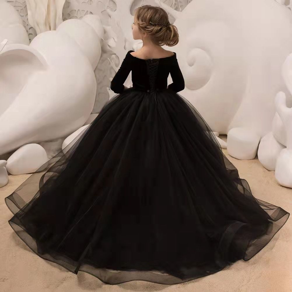 Mädchen Neue Trailing Leistung Abendkleid Süße Stickerei Host Klavier Prüfung Graduierung Prinzessin Kleid Schwarz_voghion.com