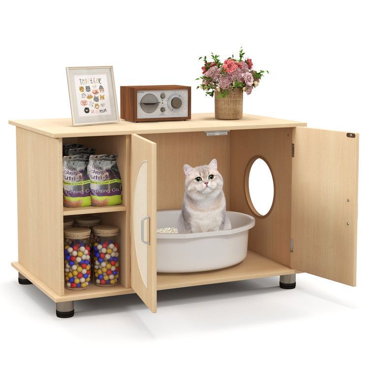 Cat Litter Box Enclosure With Sisal Scratching Doors And Adjustable Metal Feet_voghion.com