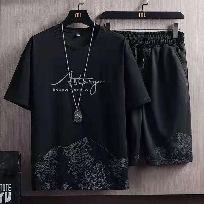 Men's Clothing New summer short sleeved T shirt suit men's personality casual ins brand half sleeved ice silk T shirt two piece suit men_voghion.com