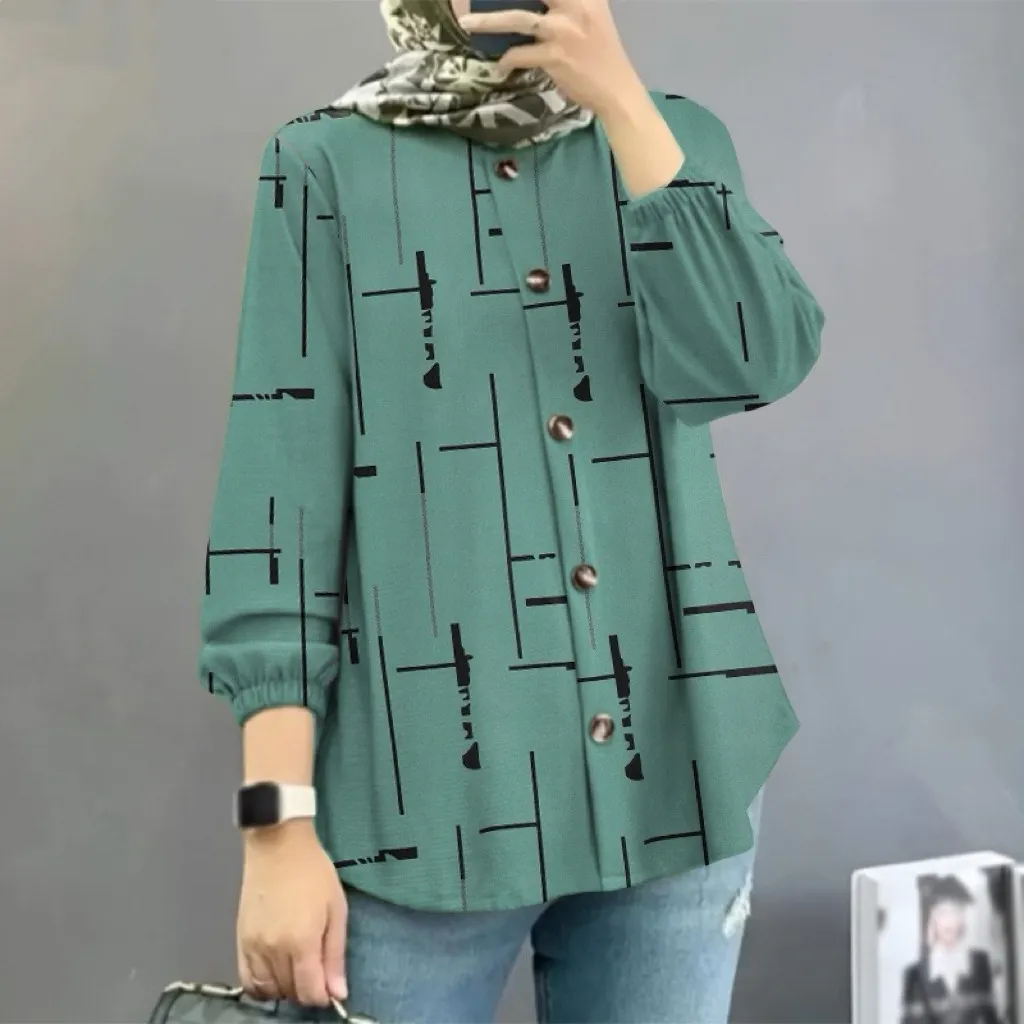 Women's Clothing Middle East Malay New Women's Muslim Floral Shirt Fashion Puff Sleeve_voghion.com