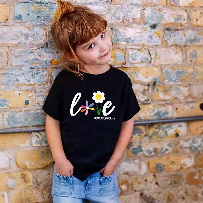 Ropa para niños Camiseta de manga corta con estampado de letras Love para niñas Ropa de verano informal y cómoda para niños_voghion.com