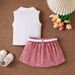Kids’ Clothing Summer Girls Suit Stand Collar Sleeveless Top Printed Bow Pleated Skirt With Belt_voghion.com