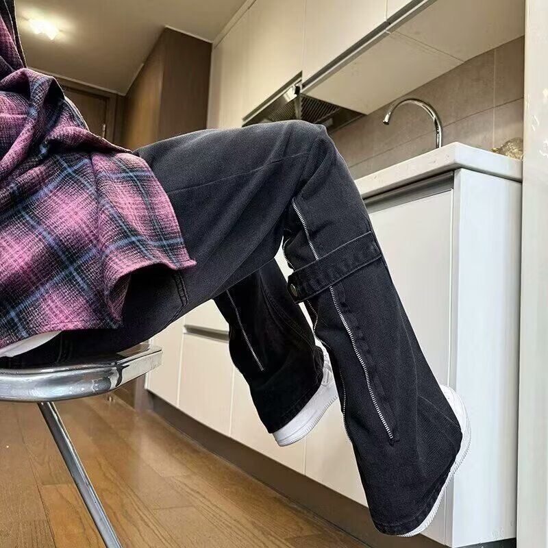 Jeans da uomo in denim lavato a gamba dritta per ragazzi - Pantaloni elasticizzati classici a vita media (nero, marrone argilla)_voghion.com