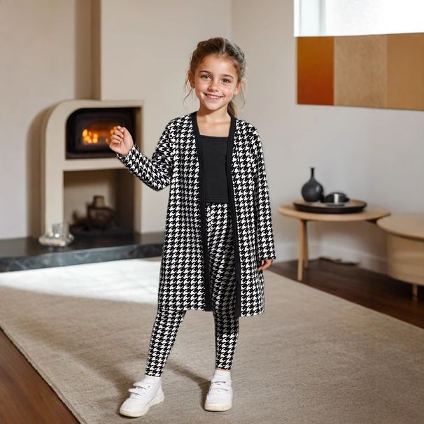 Roupas para meninas, casaco pied-de-poule de comprimento médio e suspensórios curtos pretos e calças curtas, terno de três peças para meninas_voghion.com