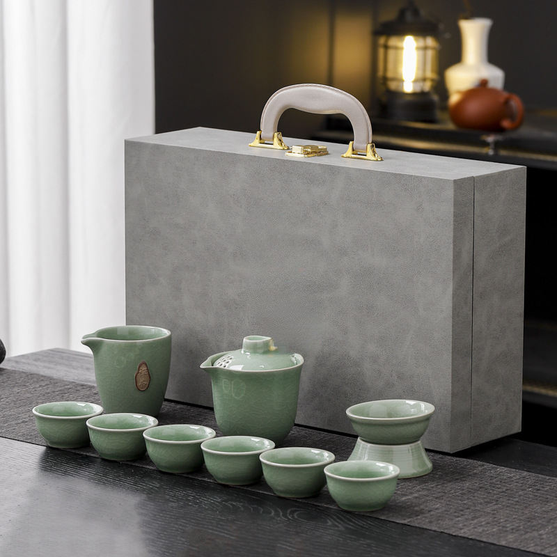 Conjunto de chá Kung Fu Ge Kiln Crackle Glaze, caixa de xícaras de chá Gaiwan de dez peças, presente criativo para eventos empresariais_voghion.com