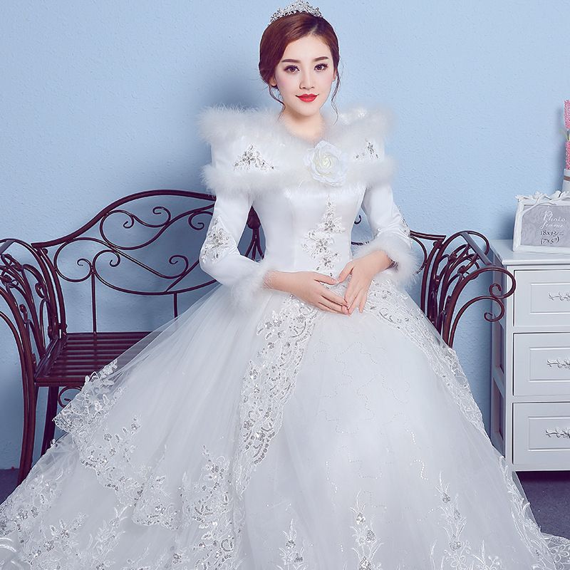 Feminino um ombro até o chão verão e inverno casamento xale temporada maternidade plus size vestido de noiva de mangas compridas_voghion.com