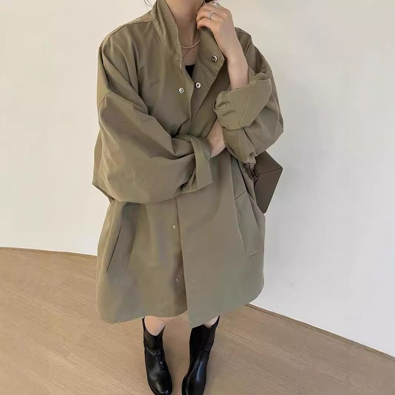 Frühlingskleidung, Koreanischer Chic, Dünner, Lässiger Stil, Stehkragen, Lockere, Lässige Ärmel, Mittellange Bis Lange Windjacke_voghion.com