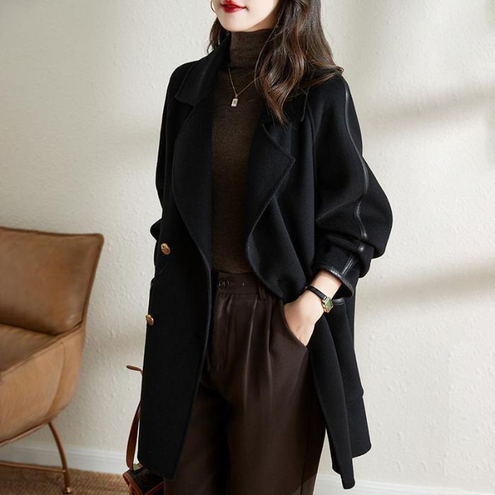 Women's Wool Blend Trench Coat With Notched Lapel & Double-Breasted Closure - Elegant Oversized Fit For Office & Casual Wear (Beige, Black, Camel)_voghion.com