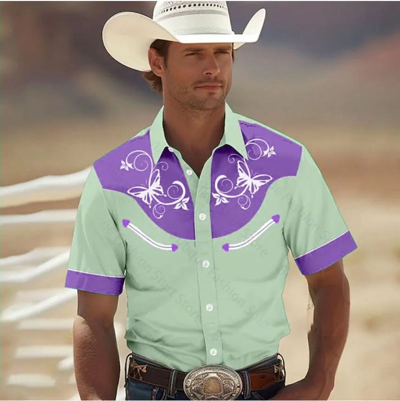 Herrenbekleidung Sommer Revers Western Cowboy Stil Bedrucktes Hemd Retro Herren Kurzarm Freizeithemd_voghion.com