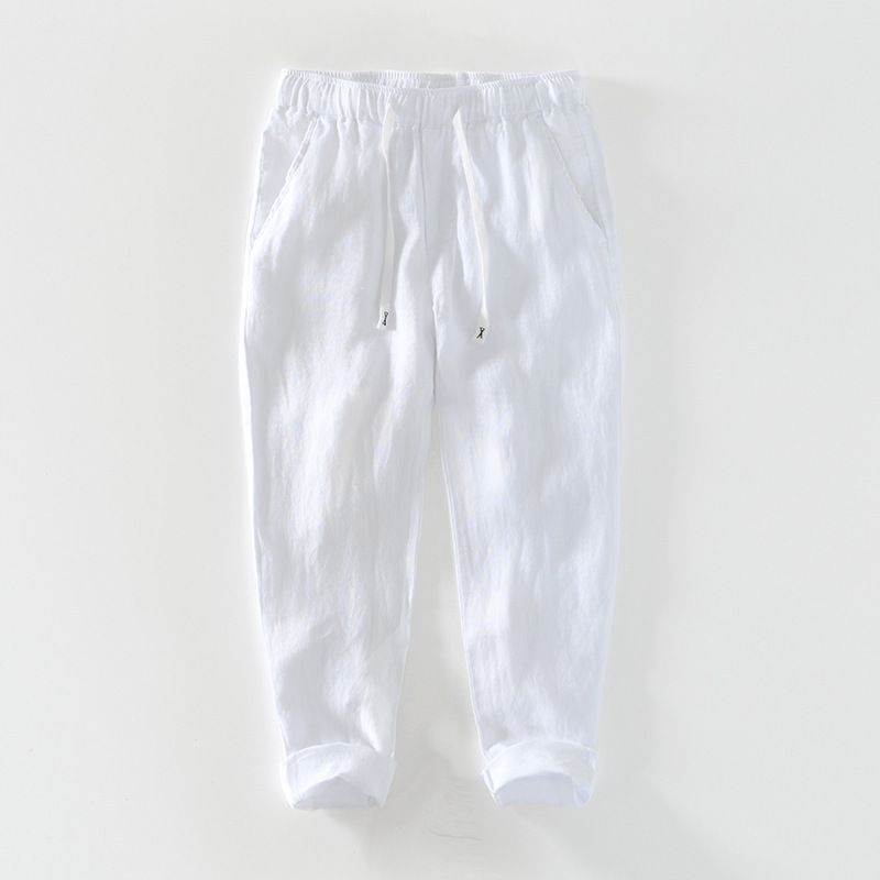 Herrenbekleidung Neue Sommerhose aus reinem Leinen, atmungsaktiv, mit Kordelzug, einfarbig, einfache Freizeithose für Herren_voghion.com