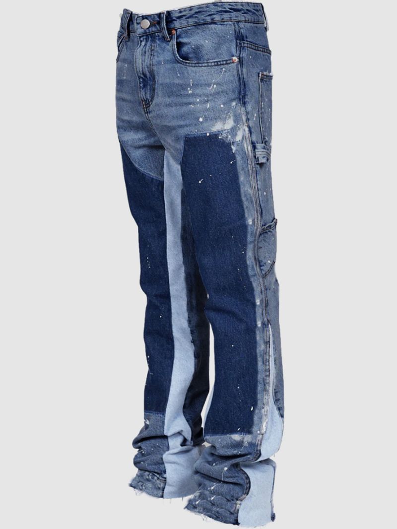 Vêtements pour hommes Salopette en jean pour hommes Salopette tendance Vente chaude Pantalon évasé en denim à patch élastique_voghion.com