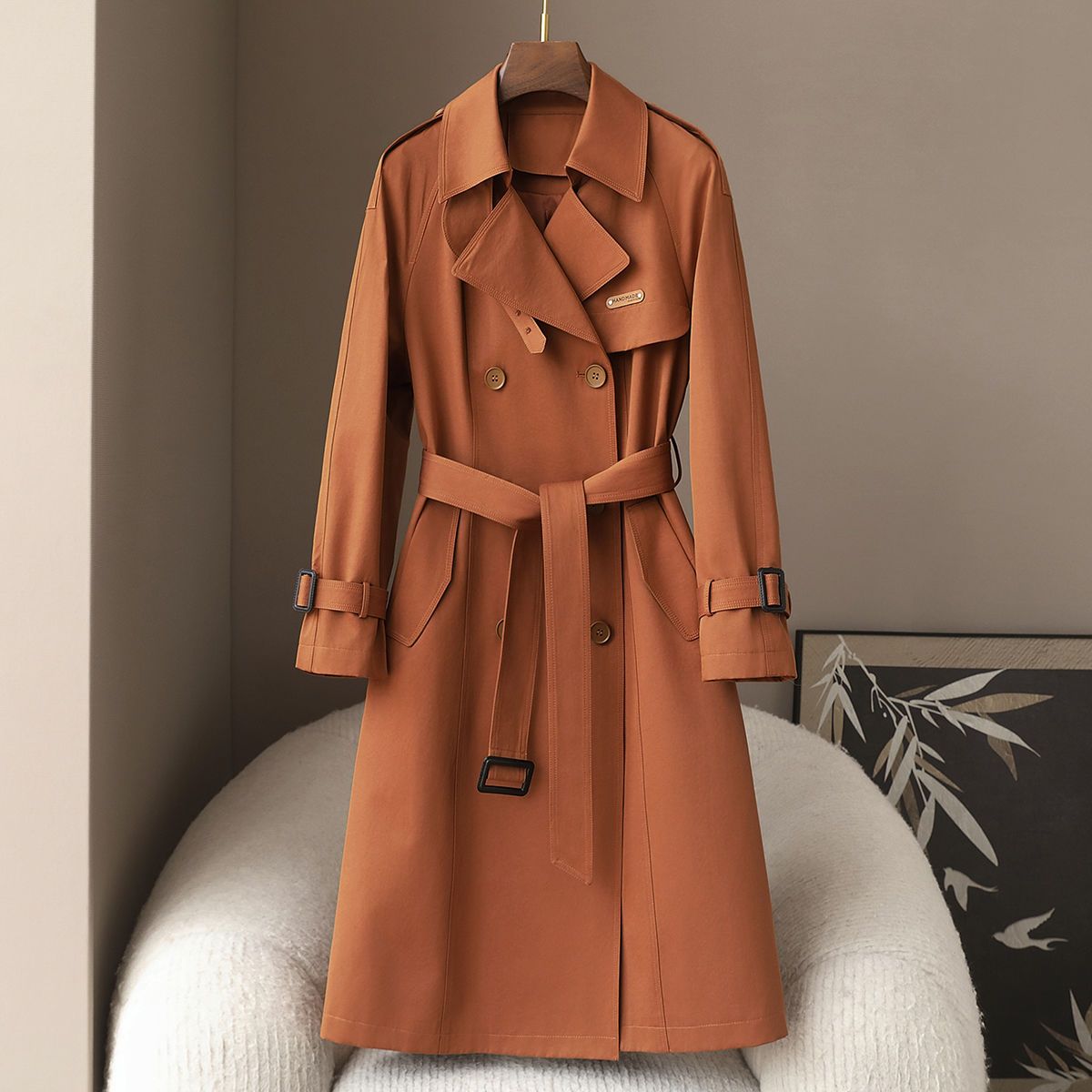 Women's Slim Fit Long Trench Coat With Double Breasted Buttons, British-Inspired Design, Mid-Weight Cotton Blend, Elegant & Versatile For Work_voghion.com