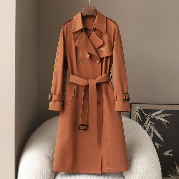 Women's Slim Fit Long Trench Coat With Double Breasted Buttons, British-Inspired Design, Mid-Weight Cotton Blend, Elegant & Versatile For Work_voghion.com