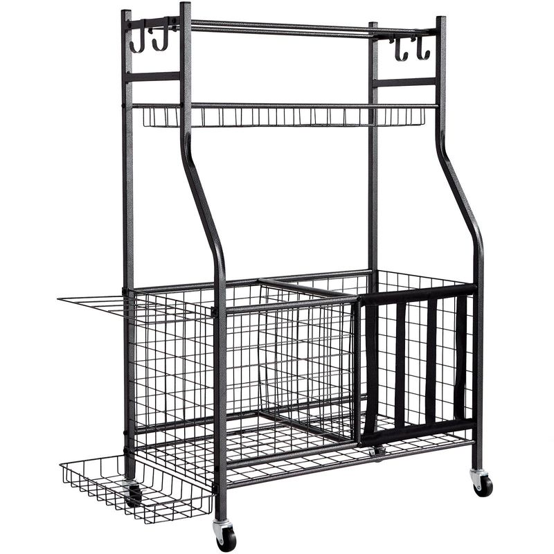 VEVOR Sports Equipment Garage Organizer, Rolling Ball Storage Cart On Wheels, Basketball Rack With Baskets & Hooks, Indoor/Outdoor Sports Gear And Toys Storage, Steel Sports Equipment Organizer, Black_voghion.com