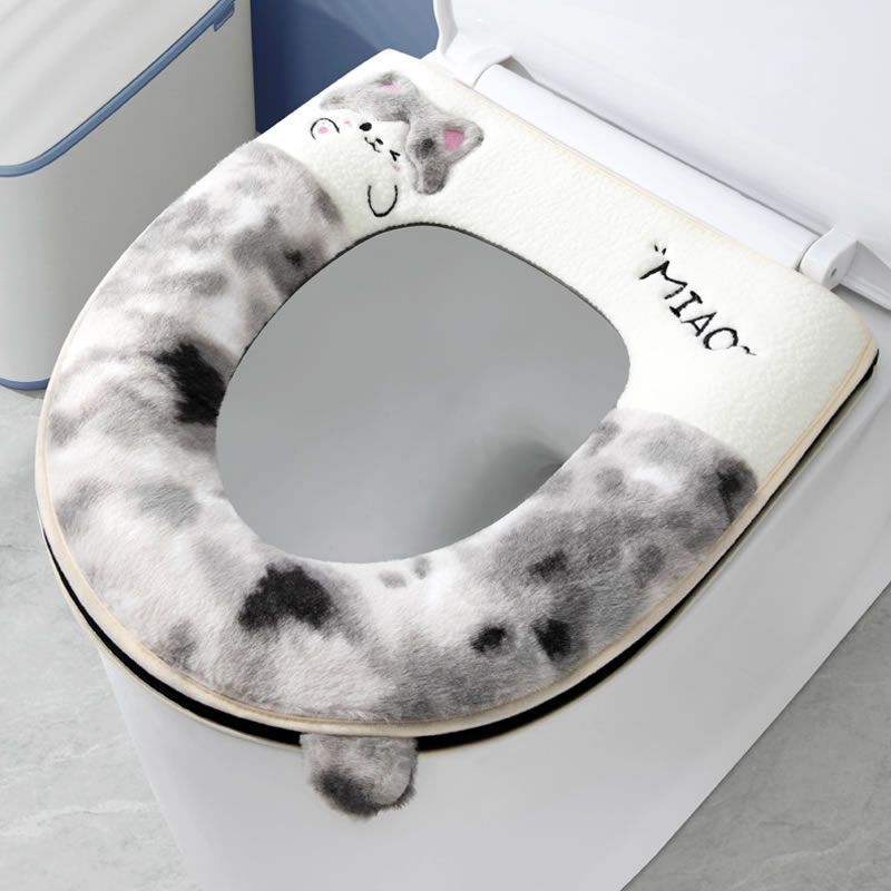 Coussin de siège de toilette épais en peluche avec anneau de fermeture éclair et motif dessin animé, universel pour l'automne et l'hiver_voghion.com