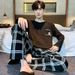 Men's sleepwear pure cotton long sleeved youth black checkered spring and styles can be worn outside plus size home suit_voghion.com
