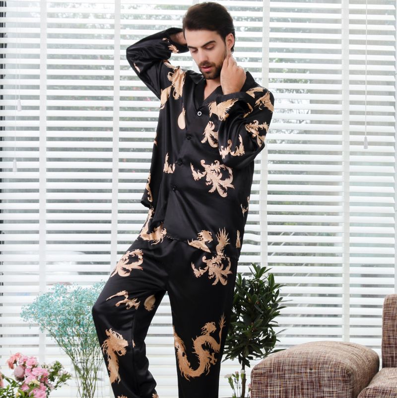  Couple Loungewear šilko poros pižamos ilgomis rankovėmis komplektas vyriškas ir moteriškas V formos iškirptės šilko margintas namų drabužis_voghion.com