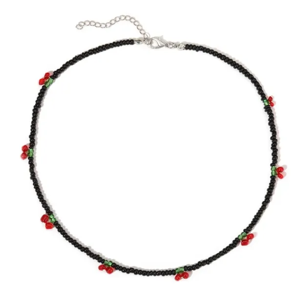 Collana con perline di ciliegia rossa in stile bohémien alla moda per le donne, graziosi semi di frutta fatti a mano, collane con perline trasparenti, gioielli boho_voghion.com