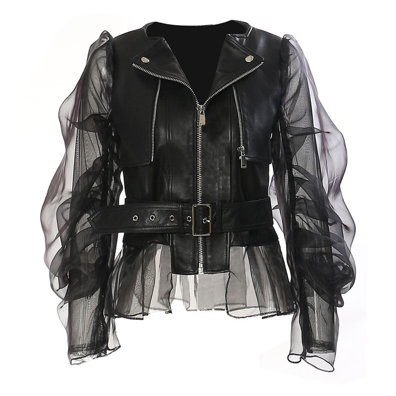 Dominierende durchsichtige Leder-Motorradjacke aus Netzstoff für Damen 1656_voghion.com
