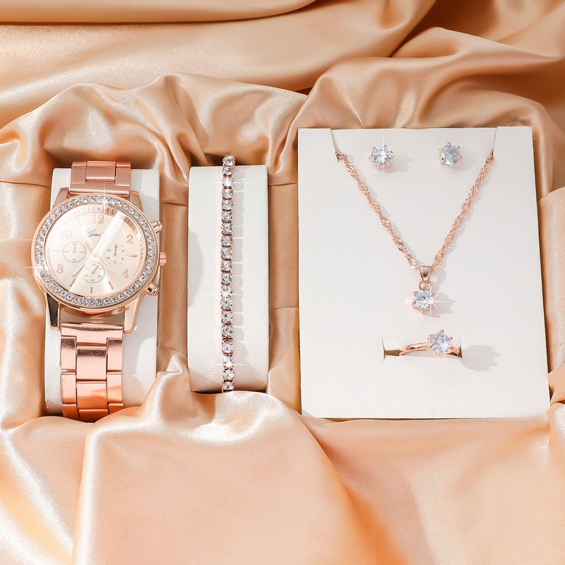 New diamond studded steel band quartz watch round crystal necklace earrings ring set 5pcs/set_voghion.com
