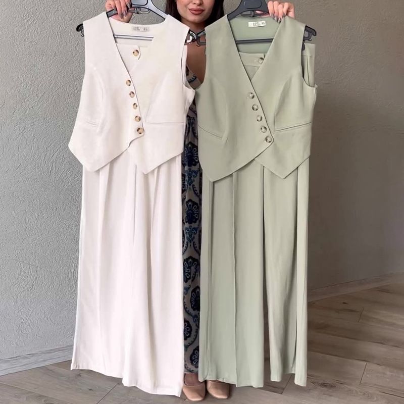 Frauen sommer ärmellose unregelmäßige taste anzug weste hohe taille gerade hosen anzug frauen_voghion.com
