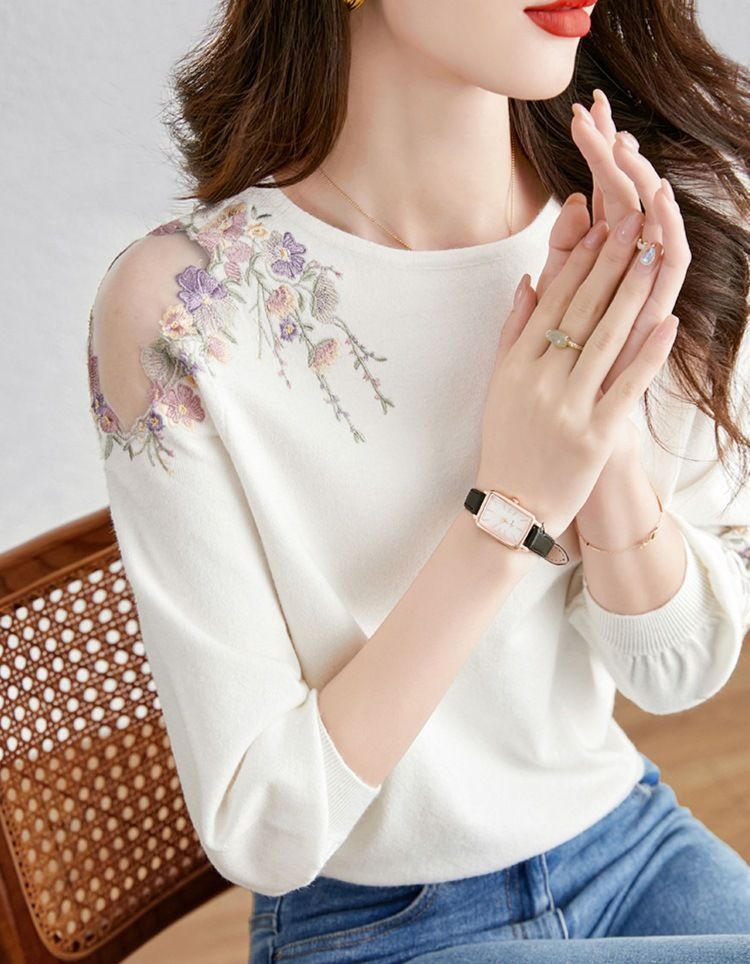 Fireworks hot temperament thin knitted sweater for women in autumn and winter 2024 new embroidered hollow out versatile_voghion.com