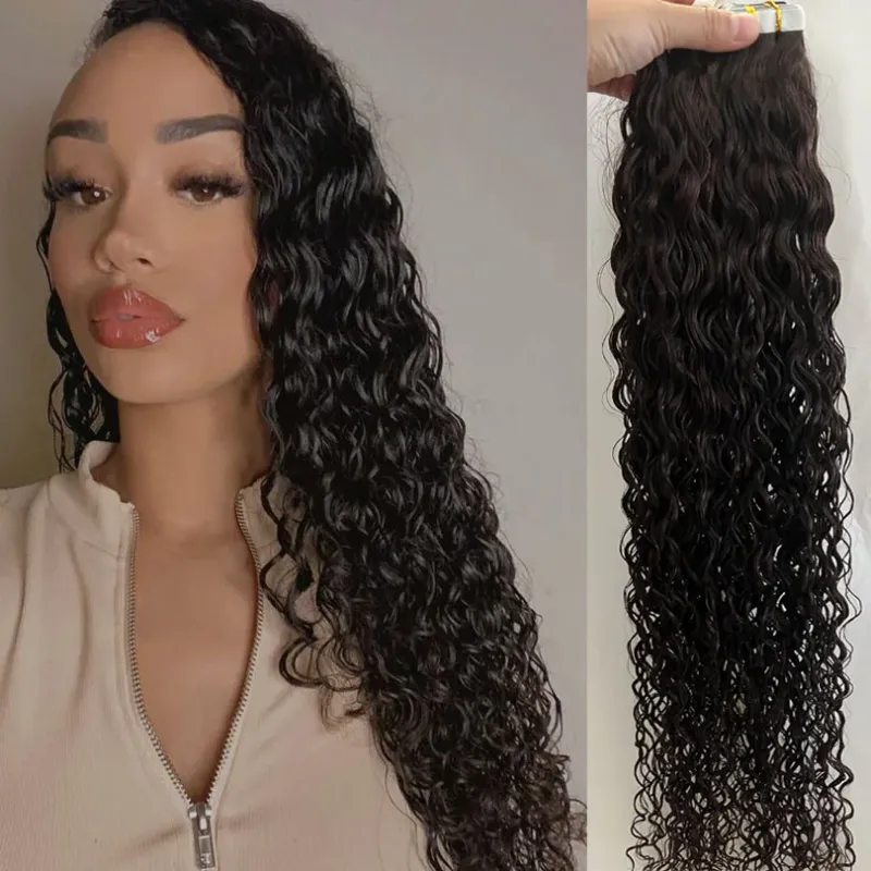 Human Hair Extensions Braziliaanse Losse Golf Huid Inslag Donkerbruin Krullend Tape in Haar 40/80 Stuks/Lot_voghion.com